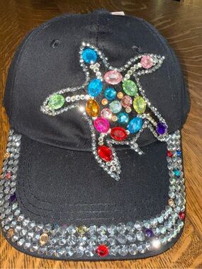 Black Jeweled Sea Turtle Baseball Cap - Multicolor Crystal Embellishments